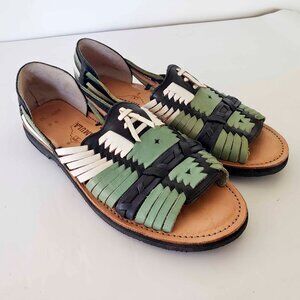 Chamula Uxmal Huarache Leather Sandals in Green, Black & Cream